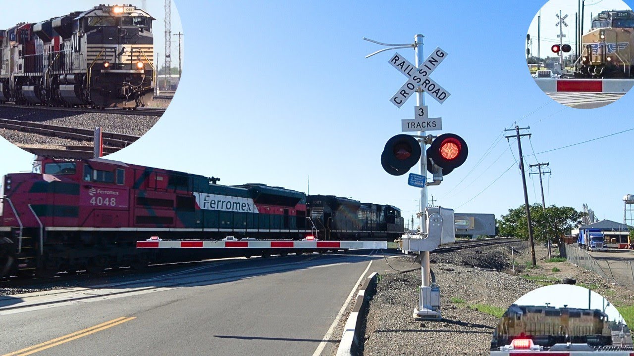 3 Trains Meet, NS & FXE Lead UP Grain Meets UP 5547, LRS51 S Mckinley Ave Railroad Crossing Stockton