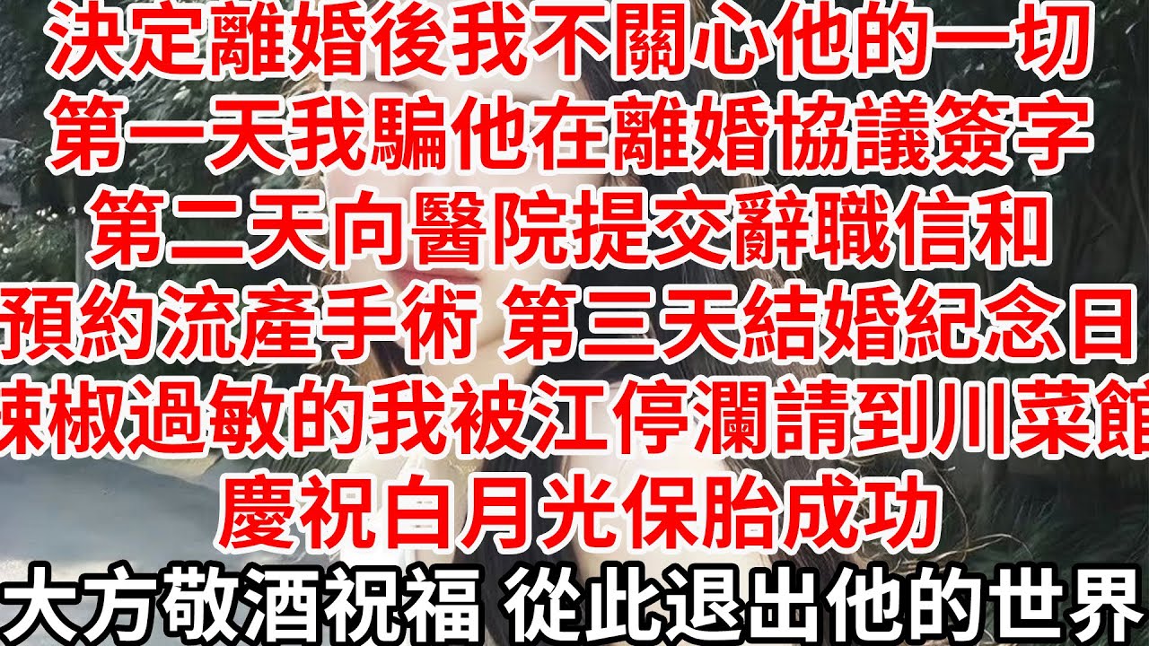 決定離婚後我不關心他的一切，第一天我騙他在離婚協議簽字，第二天向醫院提交辭職信、預約流產，第三天結婚紀念日辣椒過敏的我被江停瀾請到川菜館 慶祝白月光保胎成功，大方敬酒祝福 從此退出他的世界