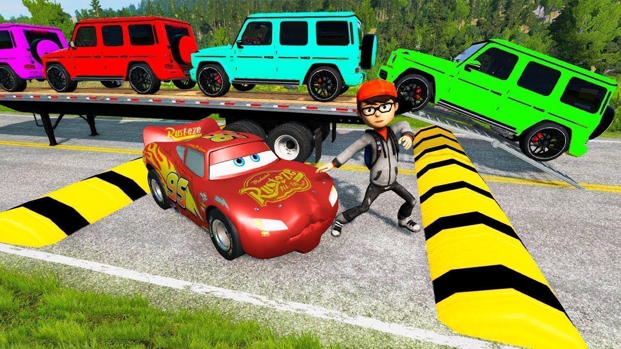 TRANSPORTING PIXAR CARS & FRUITS WITH COLORED & JOHN DEERE vs CLAAS vs TRACTORS - BeamNG.drive #983