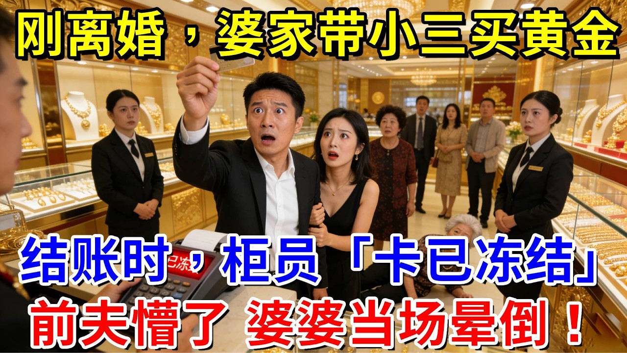 剛拿到離婚證 不到4分鐘，婆家就帶懷孕小三買300萬黃金，結帳時，櫃員一句「抱歉 您的所有卡都已被凍結」前夫懵了 婆婆當場暈倒！ #阿木講故事#為人處世#生活經驗#情感故事#養老#睡前故事