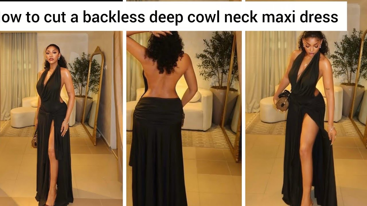 How to cut a backless halter neck cowl neck flare dress 