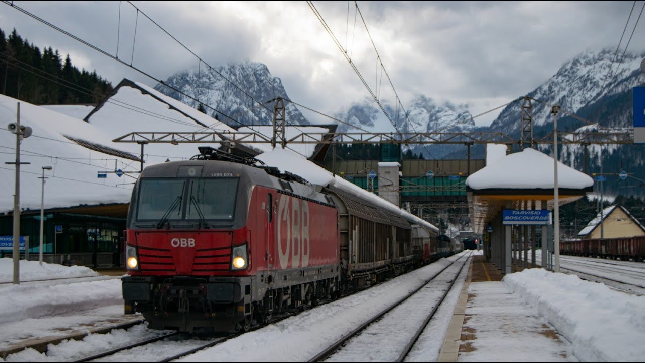 TRENI MERCI SULLA NEVE TRA ITALIA E AUSTRIA: STAZIONE DI TARVISIO BOSCOVERDE parte 1