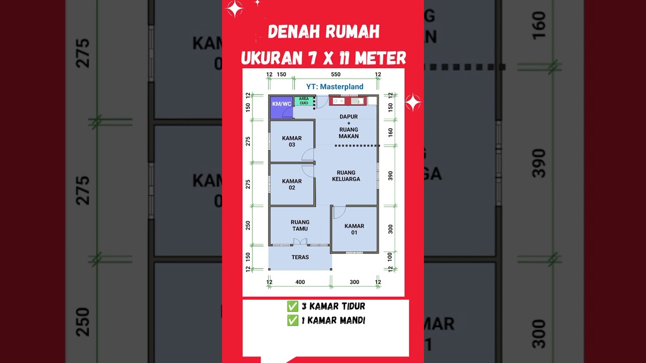 Denah Rumah Minimalis 7x11 Meter | 3 Kamar Tidur + Ruang Keluarga Luas & Area Cuci