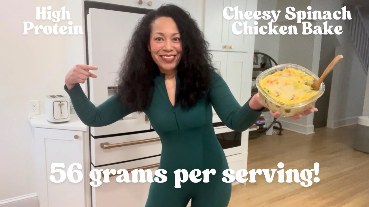 HIGH PROTEIN (56g) Cheesy Spinach Chicken Bake #HighProtein #Recipe #CheesySpinachChickenBake #Meal