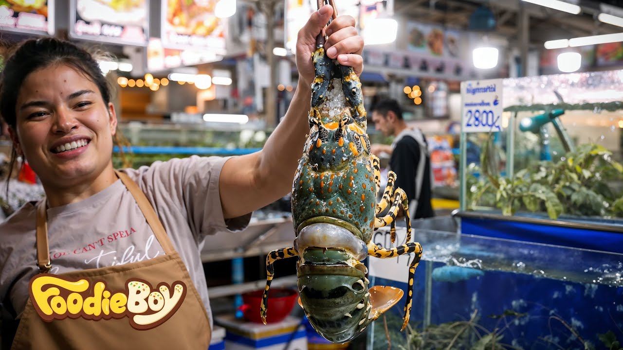 Рынок морепродуктов Таиланда, свежеприготовленные морепродукты | Омар, креветка-богомол, кальмар