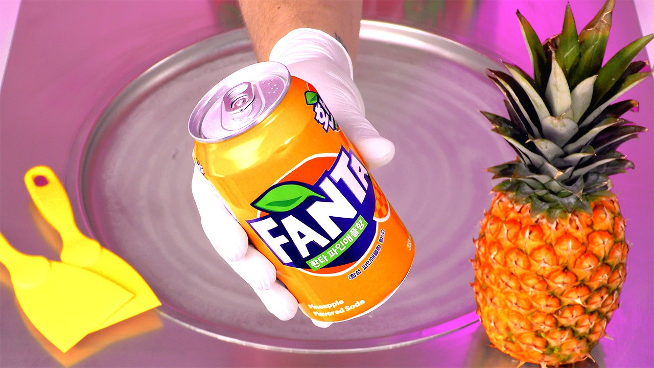 Fast ASMR | Fanta + Pineapple Ice Cream Rolls - how to make sparkling Pineapple Ice Cream Rolls