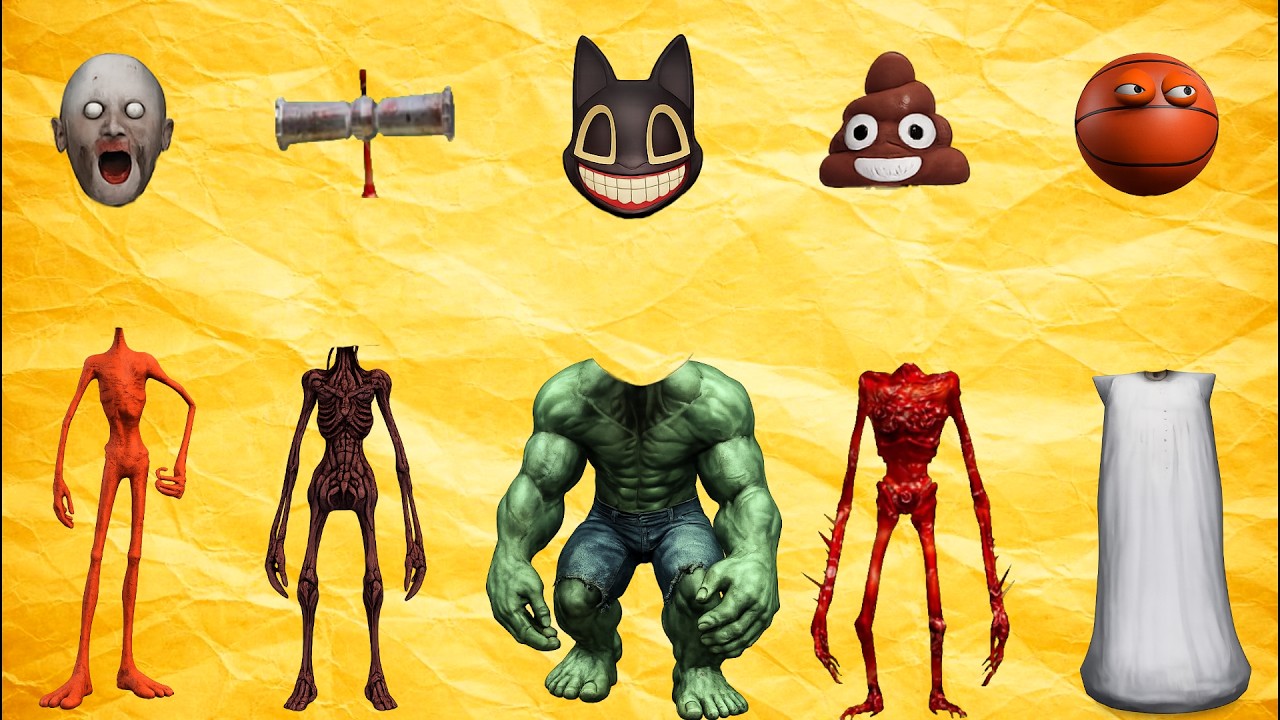 WRONG HEADS: SIREN HEAD BASKEDBALL, SIREN HEAD POOP, CARTOON CAT HULK, MEAT GRANDER, GRANNY,