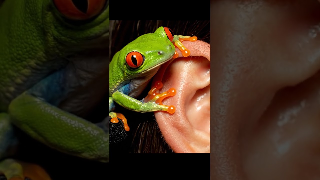 Red Eyed Frog licks human ear 