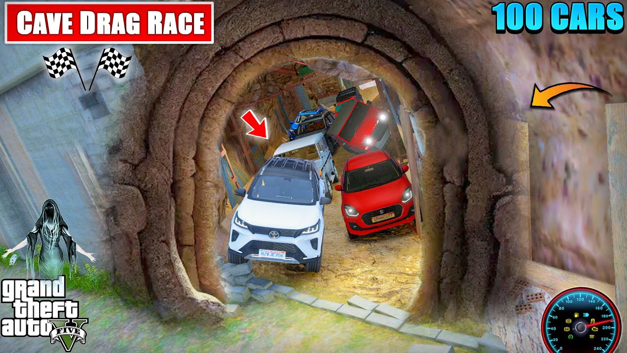 100 Indian Cars Vs Hidden Secret Caves 👻 DRAG RACE IN GHOST CAVES! 😱 GTA 5 MODS!