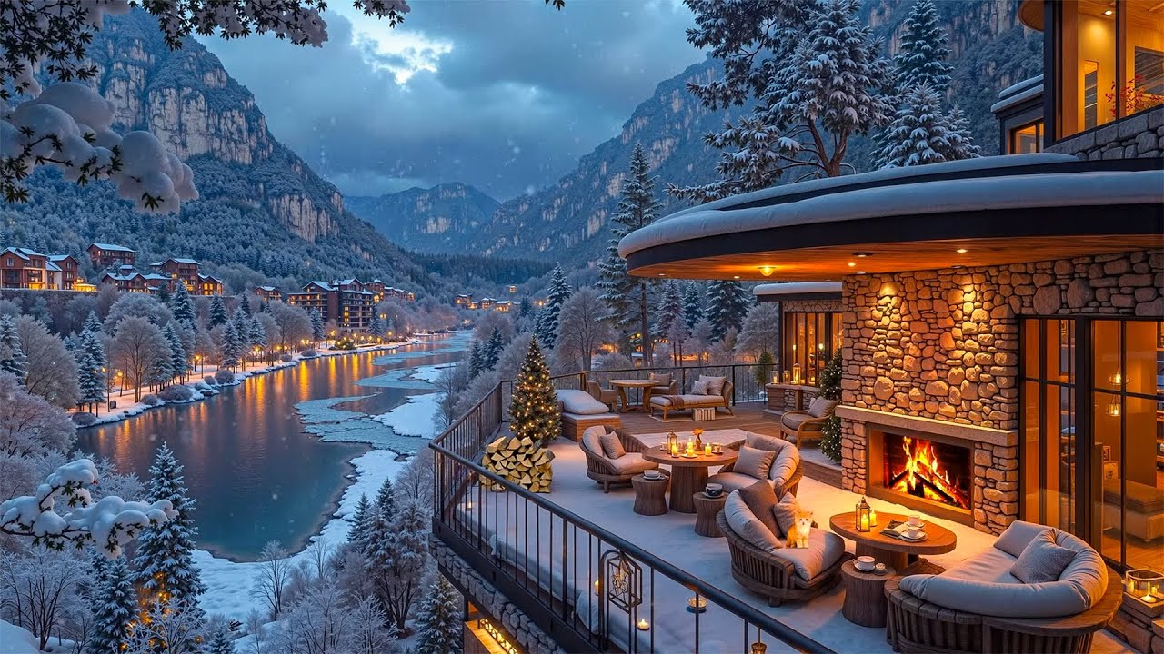 Cozy Winter Terrace Coffee Ambiance ~ Smooth Jazz & Snowy Scene with Glowing Fireplace for Relaxing