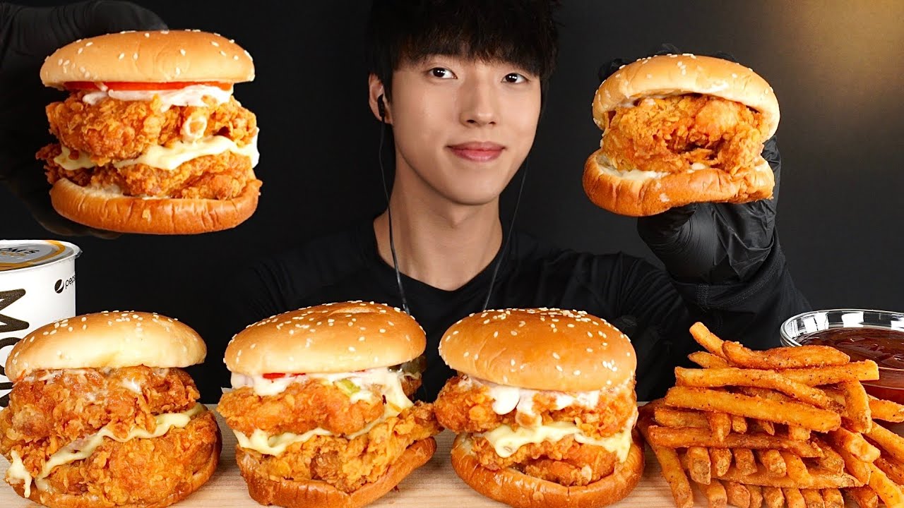 맘스터치 싸이플렉스 햄버거, 감자튀김 먹방 Double Chicken Sandwich Mukbang Asmr Eating Sounds