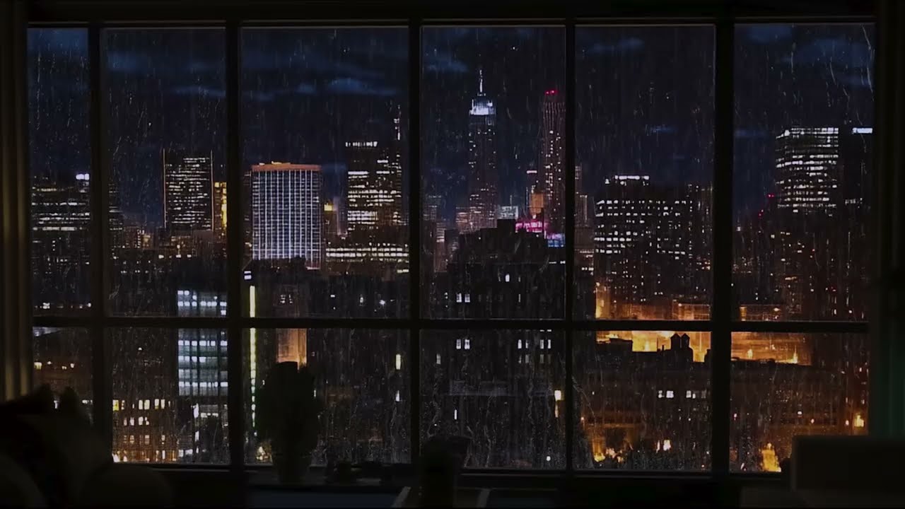 Luxury NYC Apartment Rain Ambience | Heavy Rain on Window & City Sounds | Sleep 4K