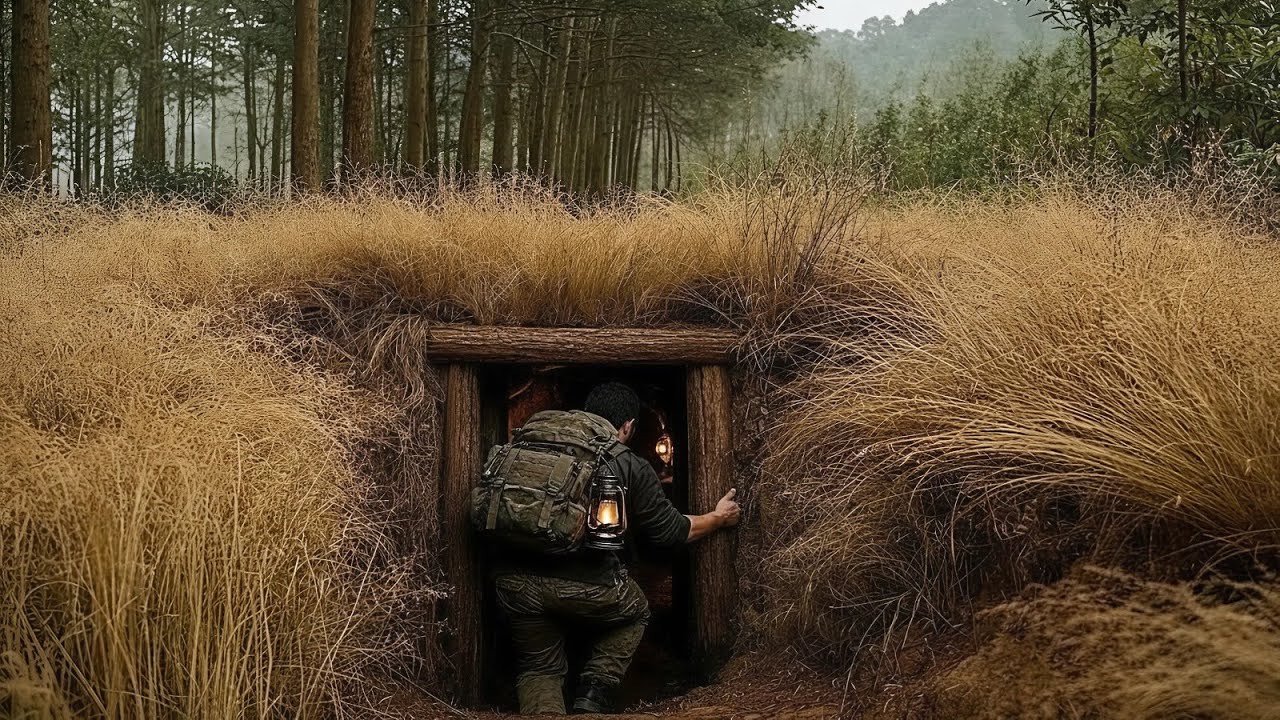 Bushcraft Survival Shelter with Strong Log Walls and a Thick Grass Roof in the Wild