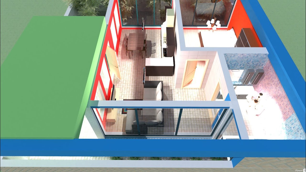 Planta 3D, Casa com um quarto e cozinha americana.