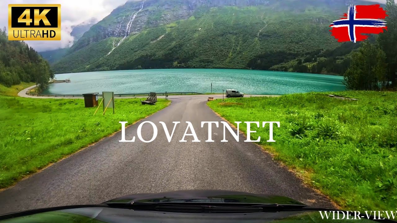 4K Scenic drive around the turquoise lake of Lovatnet, Stryn (Norway)