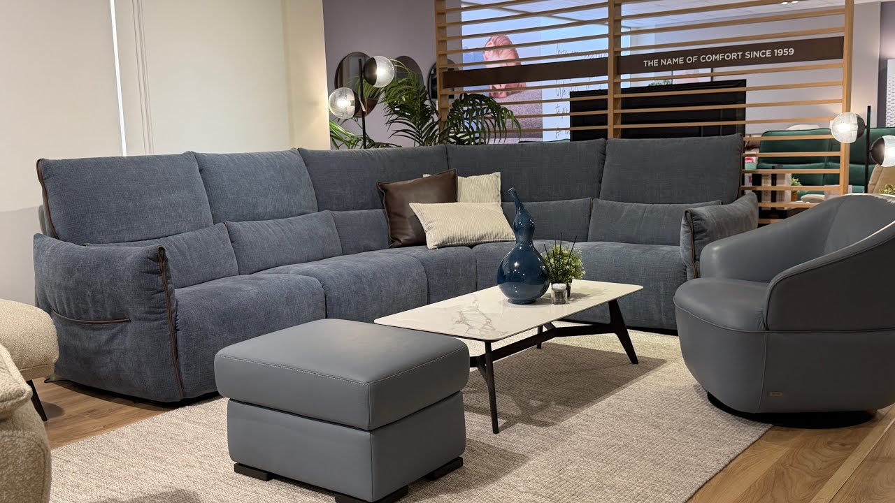 Natuzzi Wellbe Blue Fabric Corner Sofa, Ex Display Gallery Deal, +Damen Leather Swivel Chair Ottoman