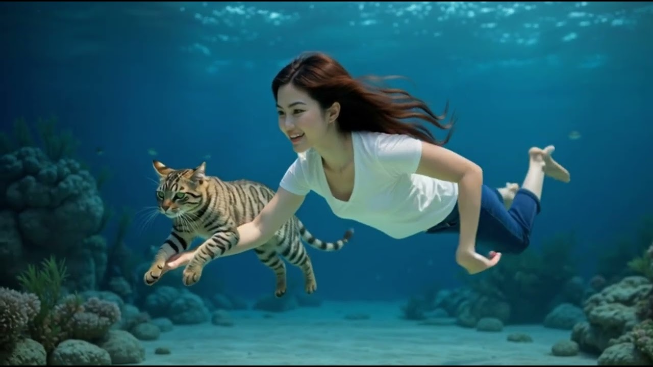 Gatito paseando con su amiga en el mar