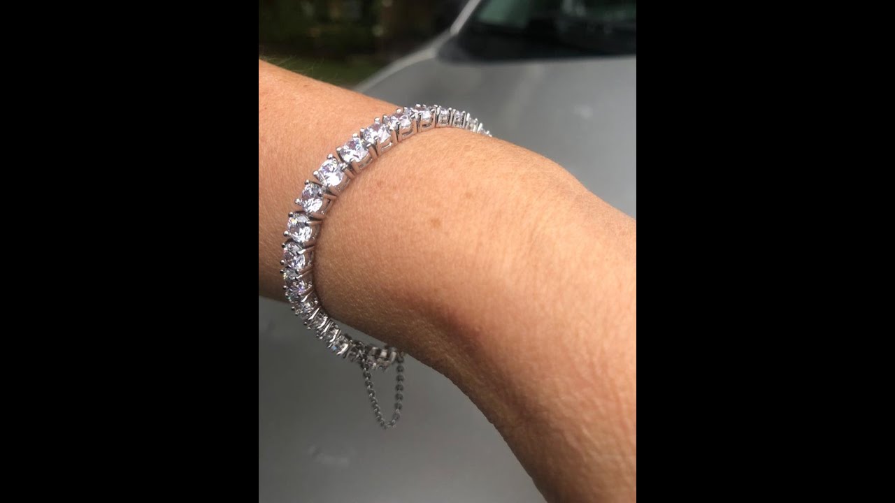 Industry First! Round Zirconite Cubic Zirconia CZ w/Safety Chain Tennis Bracelet. 698Bcast
