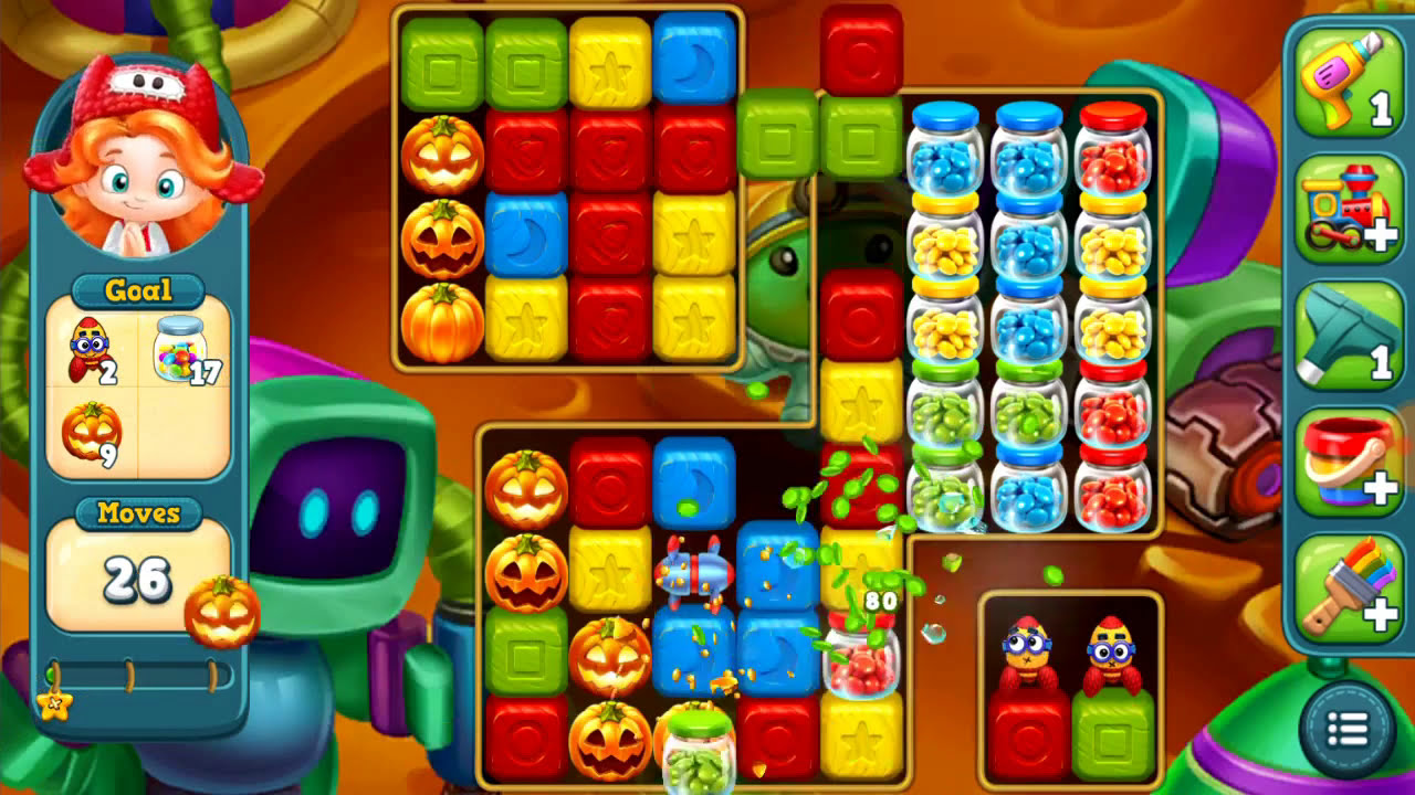 Препятствия уровня 587 Toy Blast: 2 красных парня, 19 стеклянных банок и 16 оранжевых светящихся ...
