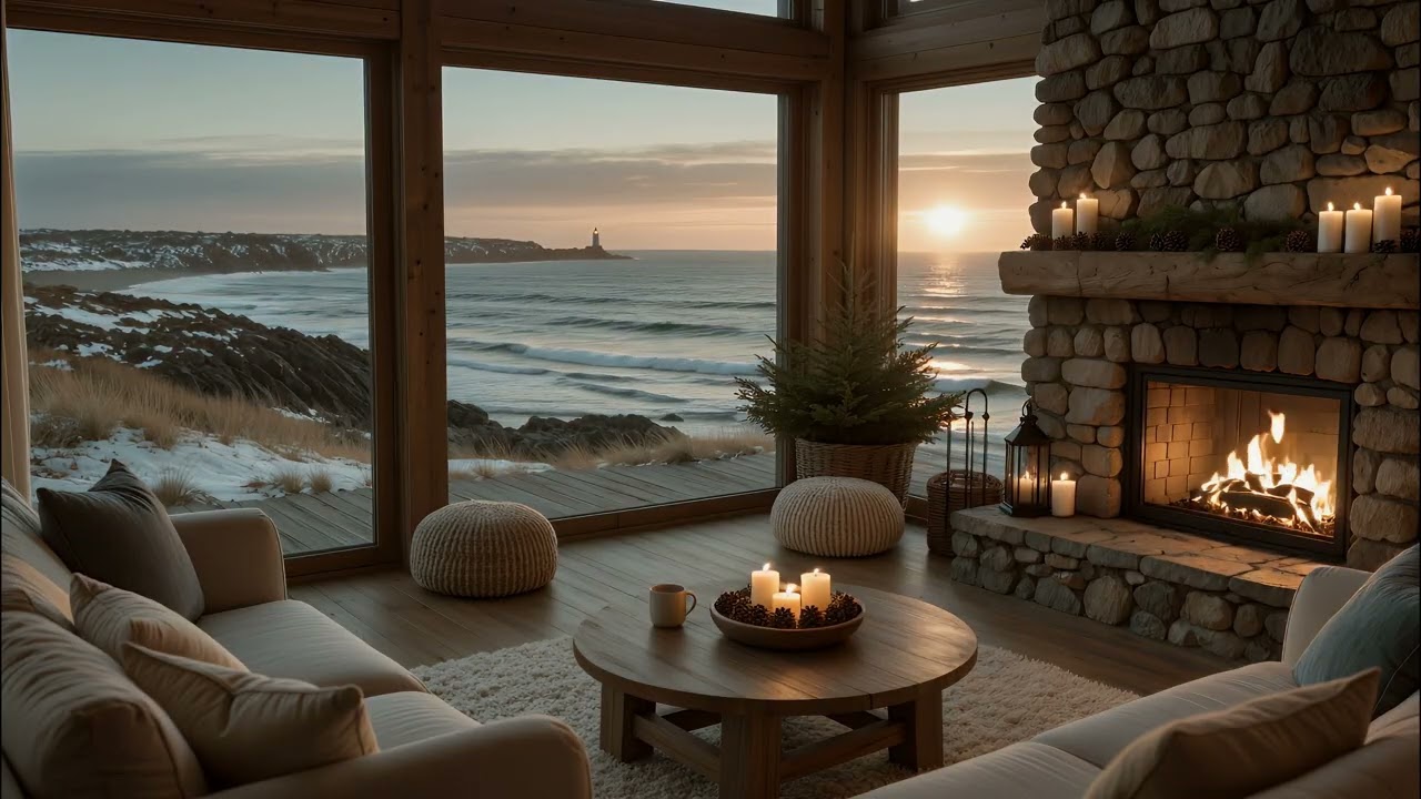 Cozy Ocean Sunset 🔥🌊 | Stone Fireplace and Ocean Waves for Relaxation and Sleep