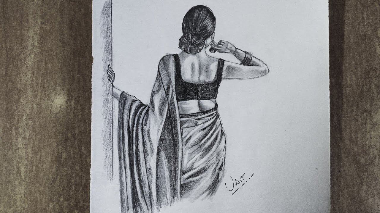 How to Draw a Traditional Saree Girl//Saree Pencil Art//Girl drawing back poses