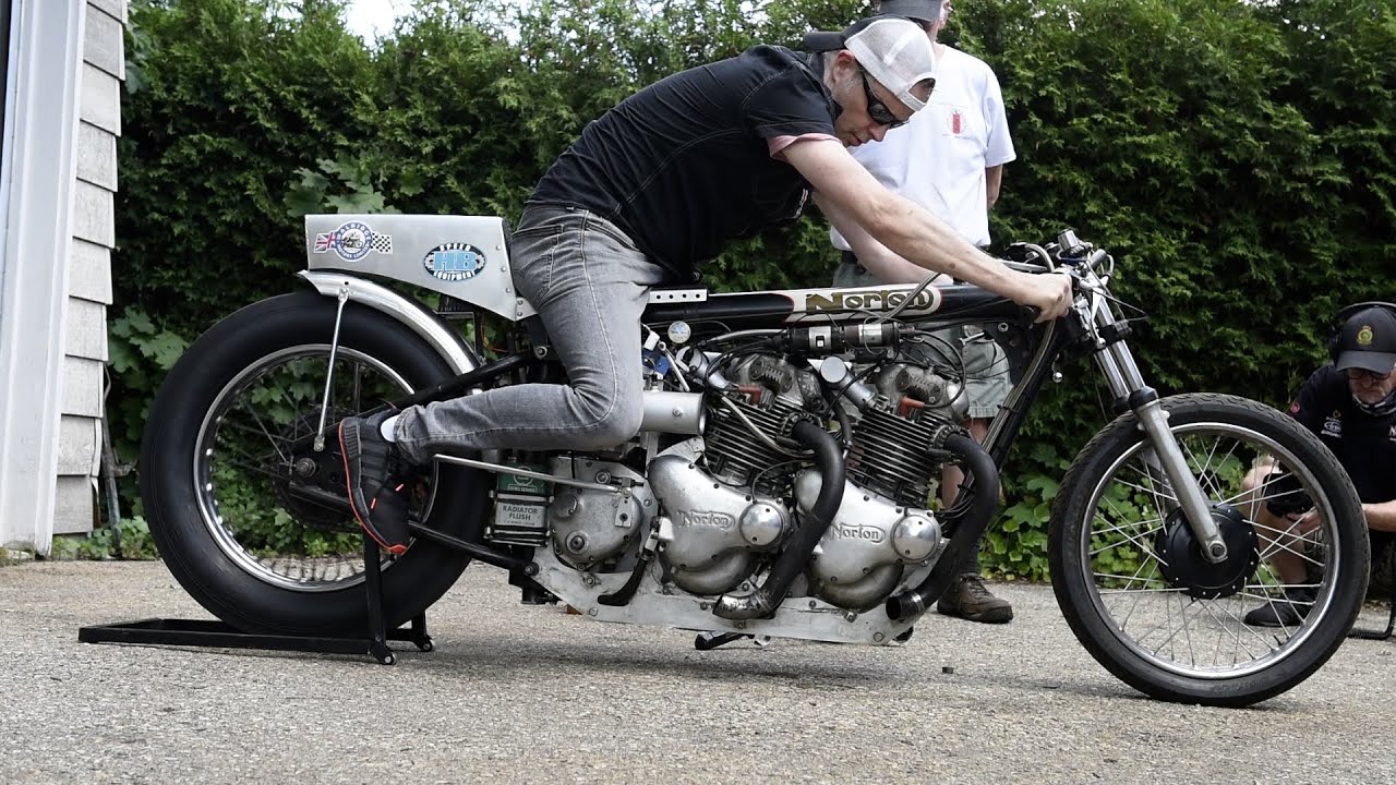Firing up Double Norton Supercharged Drag bike 'Double H' built by Herb Becker