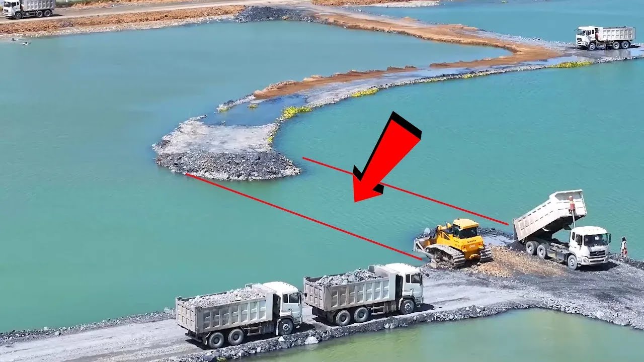 Nice Excellent Building Long Road in Big Lake from Dozer Shantui & Truck Paving Rock