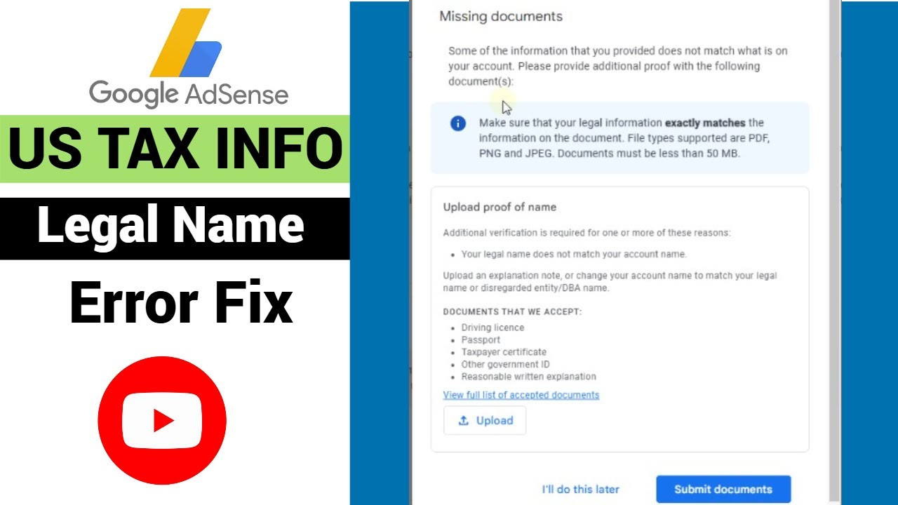 US Tax Missing Document Problem | AdSense US Tax Information Error Solve | US Tax Error