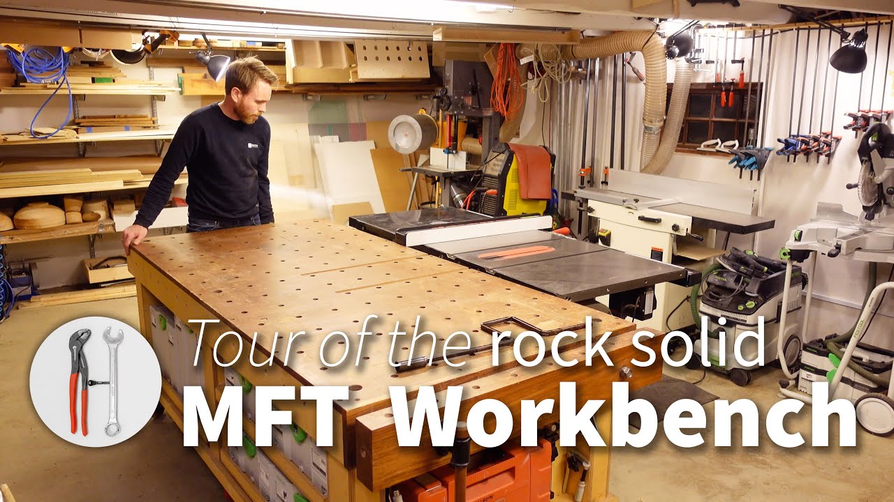 Rock Solid Adjustable Workbench: Features and Usage. MFT style workbench with adjustable legs