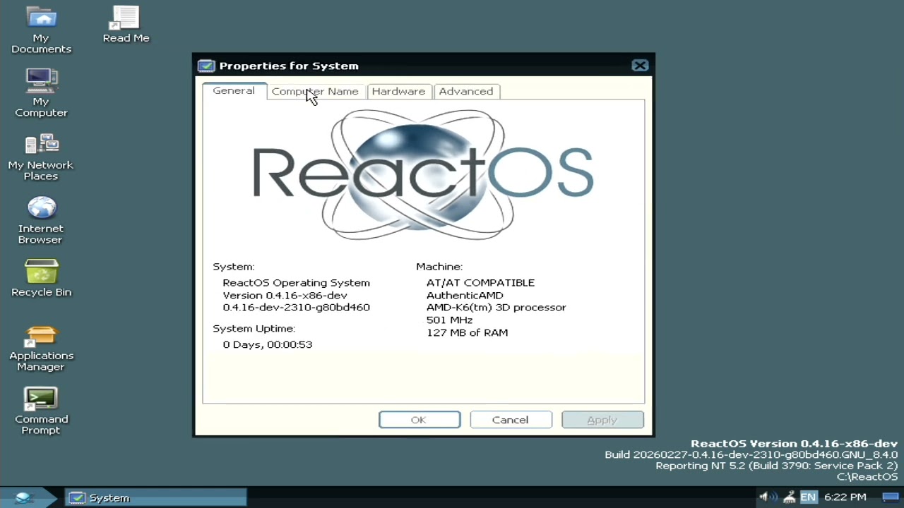 ReactOS (Nightly) on AMD K6-2 500 (Capture card recording)