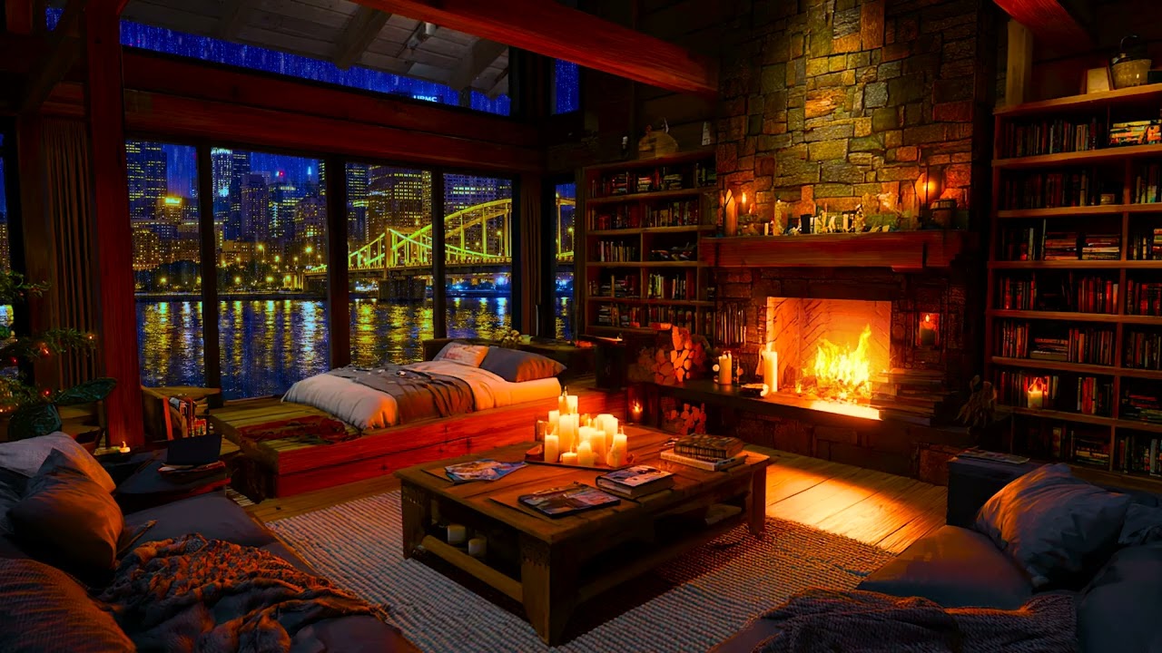 Cozy Wooden Cabin 🌃 City View Jazz Music Ambience