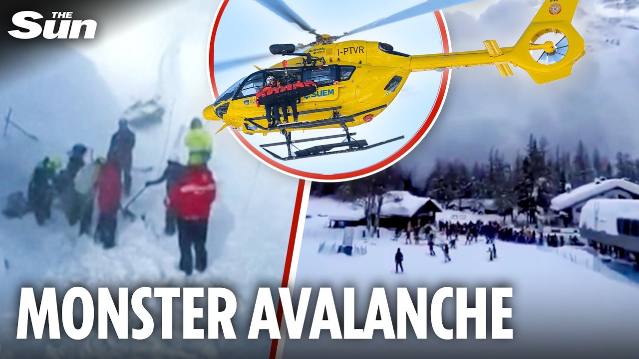 Moment avalanche CRASHES DOWN mountain & covers terrified skiers in Italy