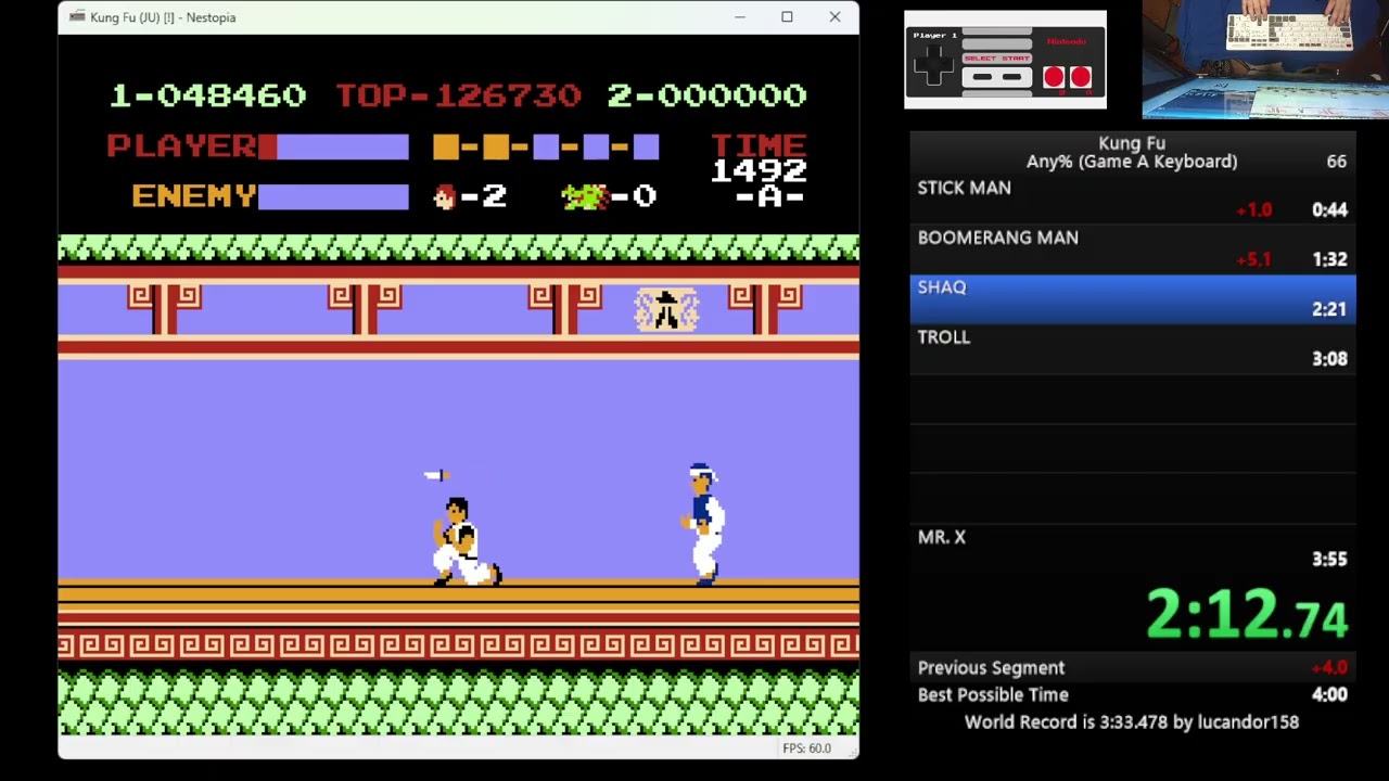 Kung Fu (NES) Game A Keyboard: Time 4:02 My New Person Best