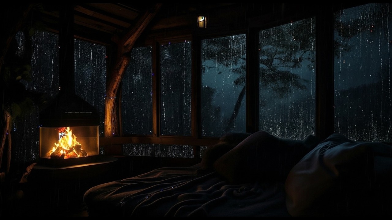 Rainy Night in a Cabin with Fireplace | Cozy Ambience for Relax and Beat Insomnia