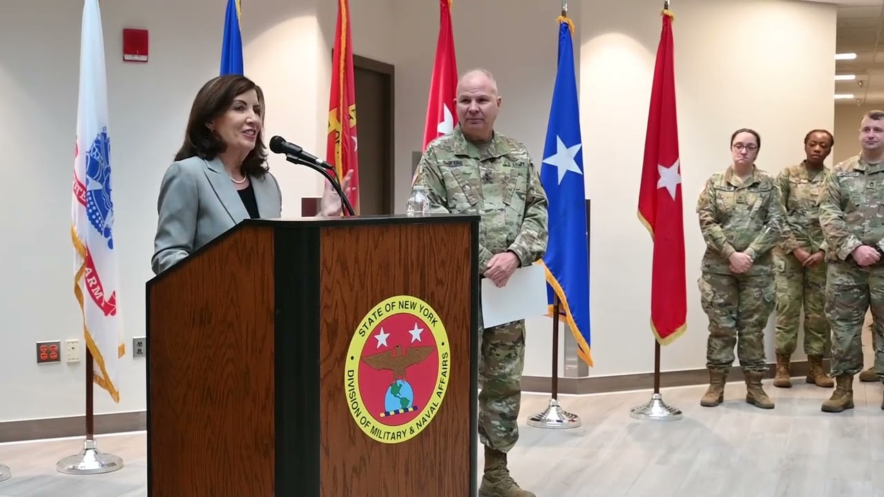New York Governor Kathy Hochul speaks to New York National Guard Members