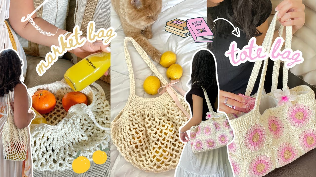 how to crochet the cutest granny square tote bag + mesh market/beach bag | easy tutorial