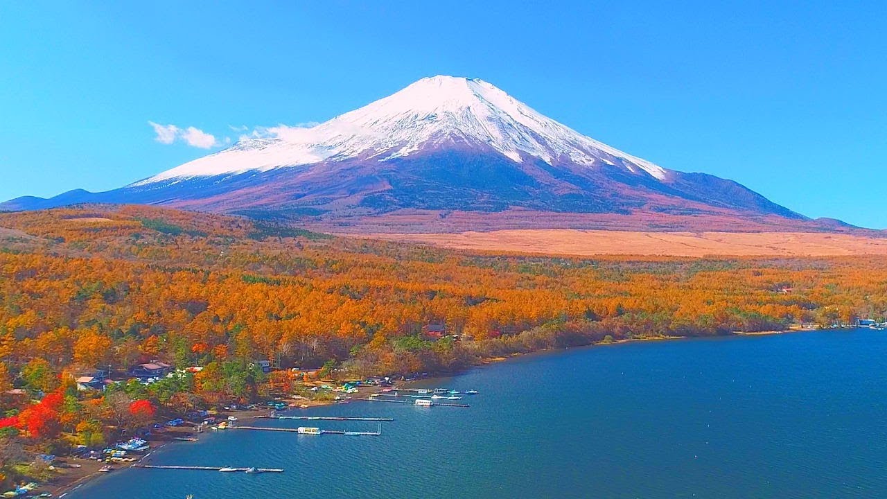 4K映像 絶景ドローン空撮「富士山 秋 紅葉の山中湖」日本の美しい四季 山梨県山中湖村 11月中旬 自然風景 富士五湖
