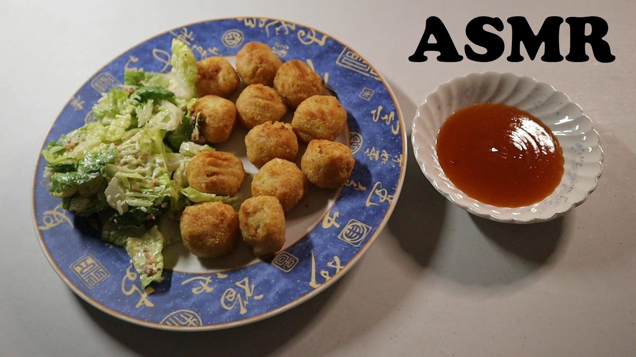 CHICKEN BALLS WITH PLUM SAUCE, CHICKEN CAESAR SALAD & 7UP ZERO SUGAR ASMR MUKBANG