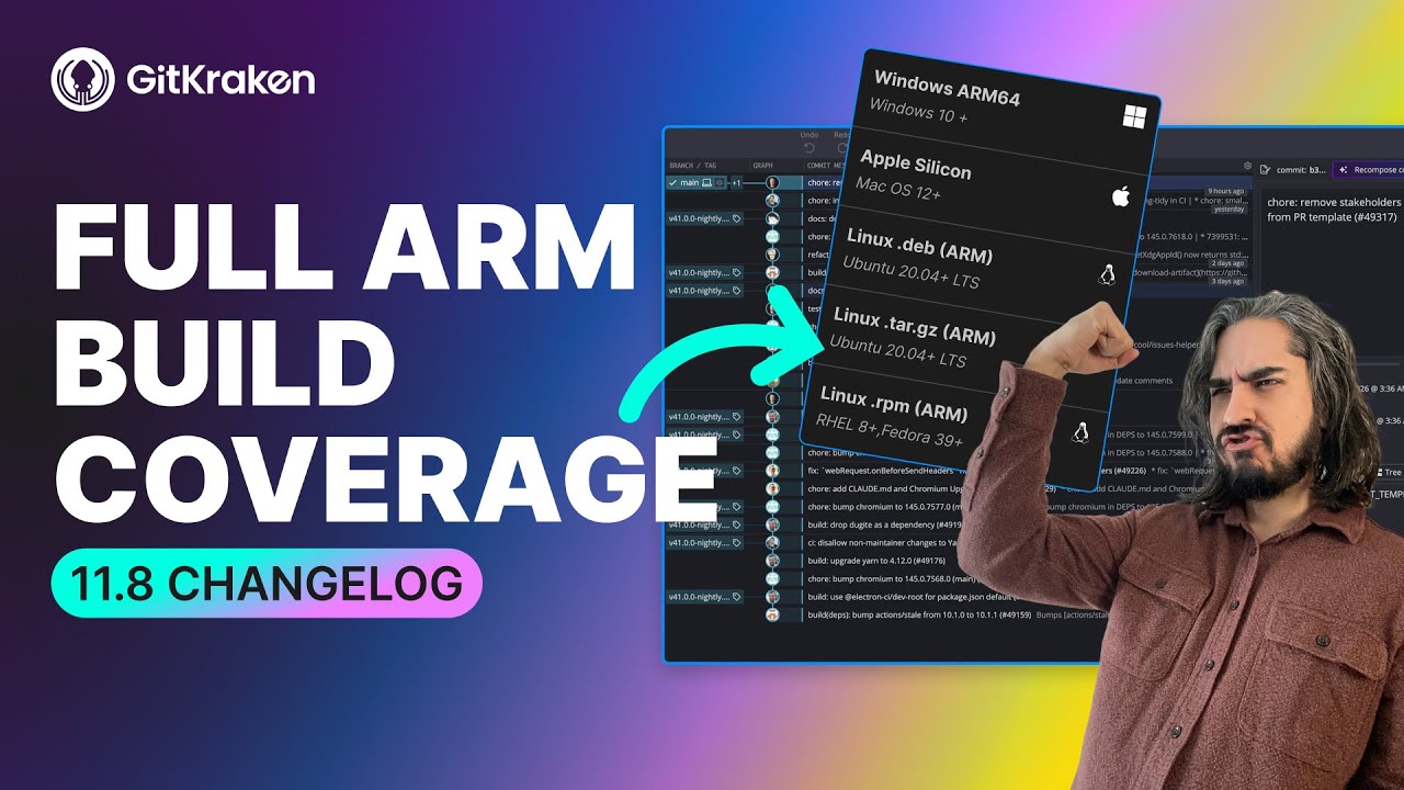Выпуск GitKraken Desktop 11.8: поддержка ARM, отмена перебазирования, расширенная поддержка повер...