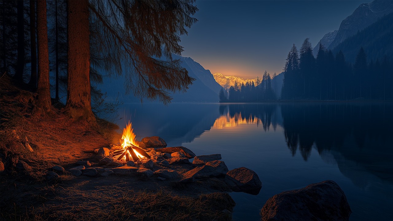 You're Sitting by a Campfire beside a Silent Mountain Lake at Night