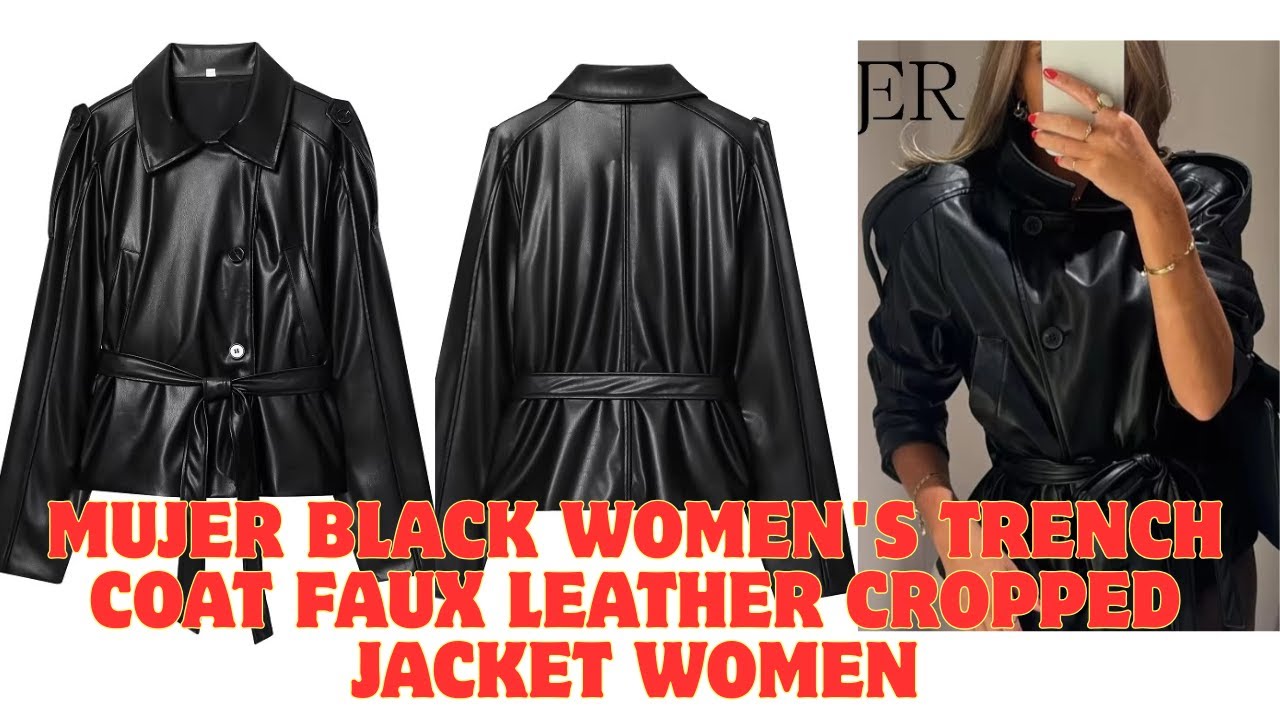 MUJER Black Women's Trench Coat Faux Leather Cropped Jacket Women