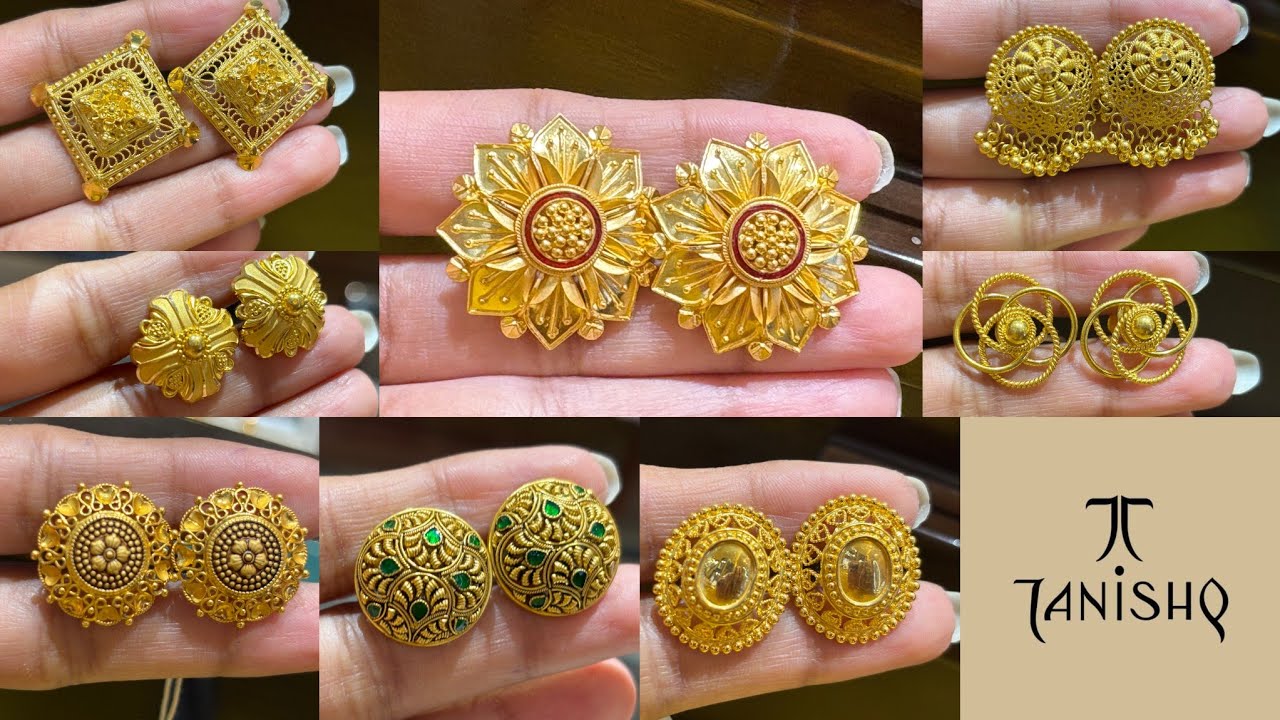 Tanishq Latest Light Weight Gold Earrings Tops Design 💕 | Tanishq Gold Stud Earrings Collection 