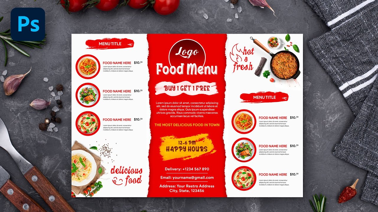 Restaurant Food Menu Design in Adobe Photoshop | Tri Fold Brochure Design Tutorial