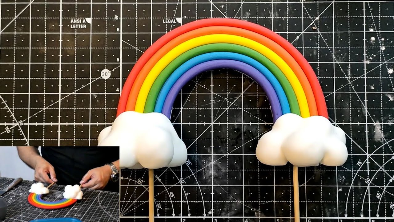 [Tutorial] NO DRYING Rainbow with 3D Clouds FondantTtopper