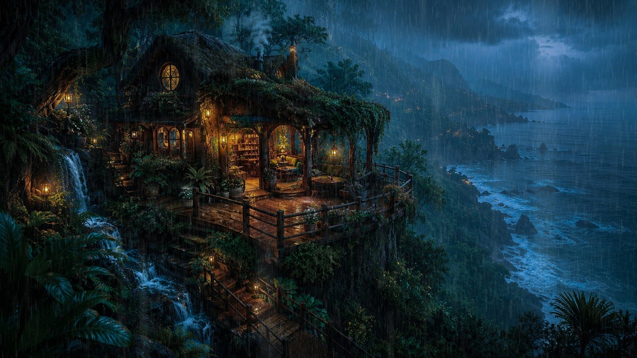 Rain Sounds for Sleeping 🌧️ Hidden Cliffside Cottage by the Ocean at Night
