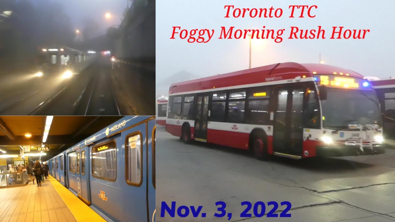 Toronto TTC Bus and Subway Train Action - Foggy Morning Rush Hour Clips 11/3/2022