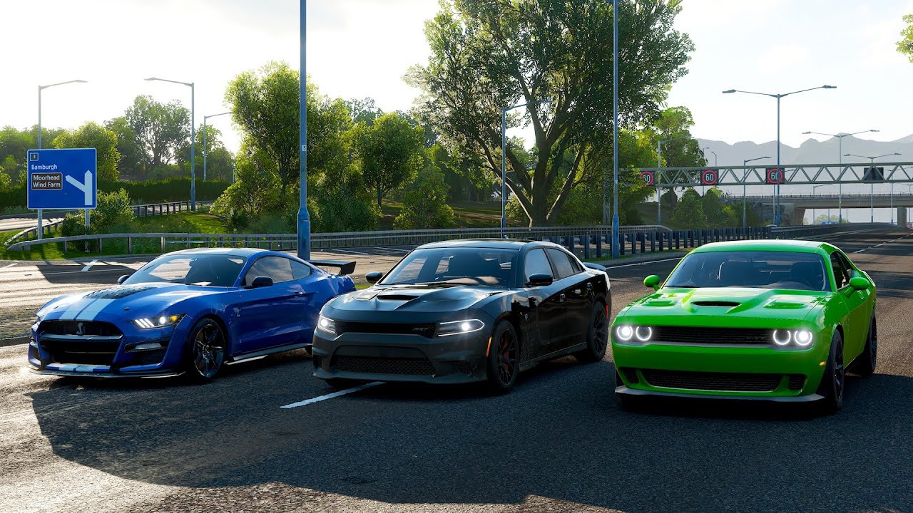 Forza Horizon 4 Drag race: 2020 Shelby GT500 vs Dodge Charger SRT Hellcat vs Challenger SRT Hellcat