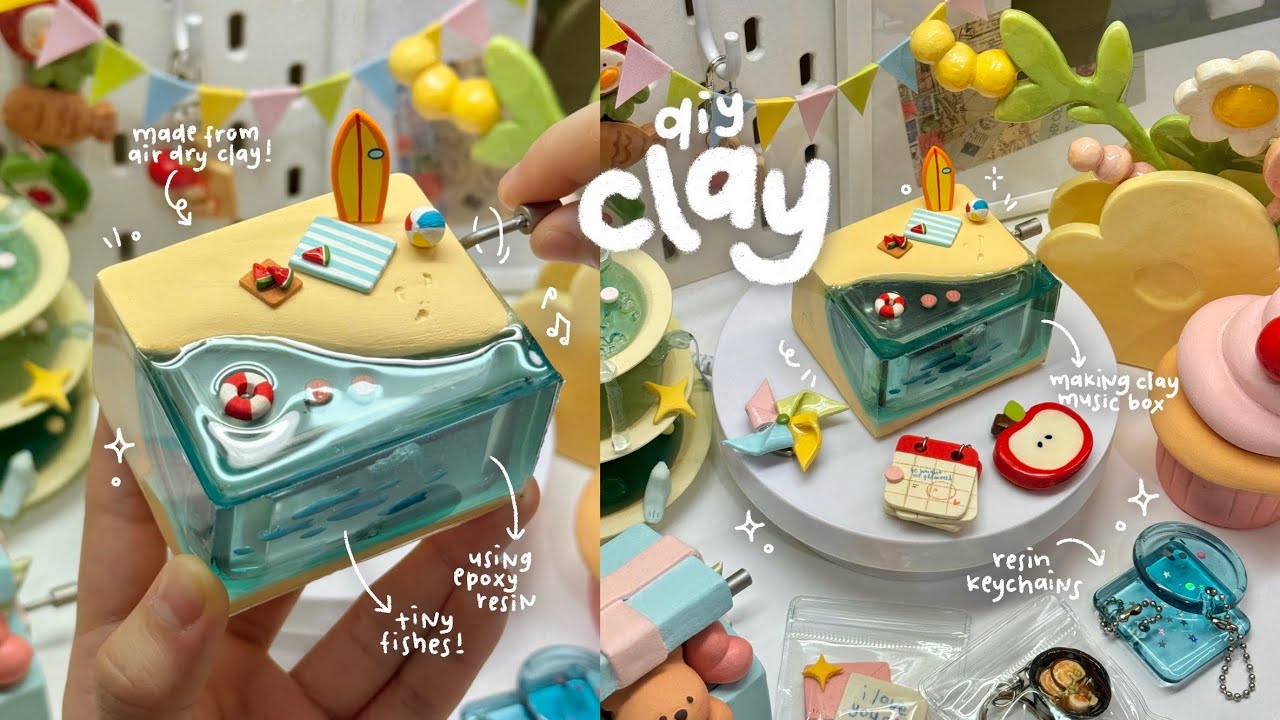 making cute summer clay music box🏄🏻🏖️🐟🍉 using air dry clay / no bake