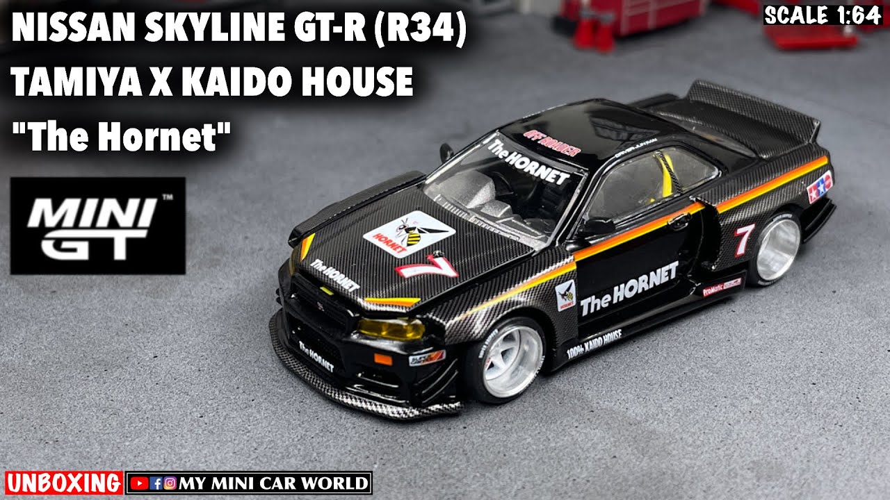 『MY  MINI CAR WORLD』UNBOXING MINI GT 1/64 NISSAN SKYLINE GT-R (R34) TAMIYA X KIDO HOUSE “THE HORNET”
