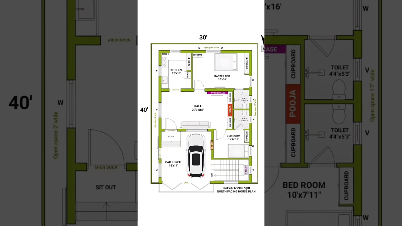 30x40 house plan | 30x40 house plan with car parking | 30x40 north facing house plans